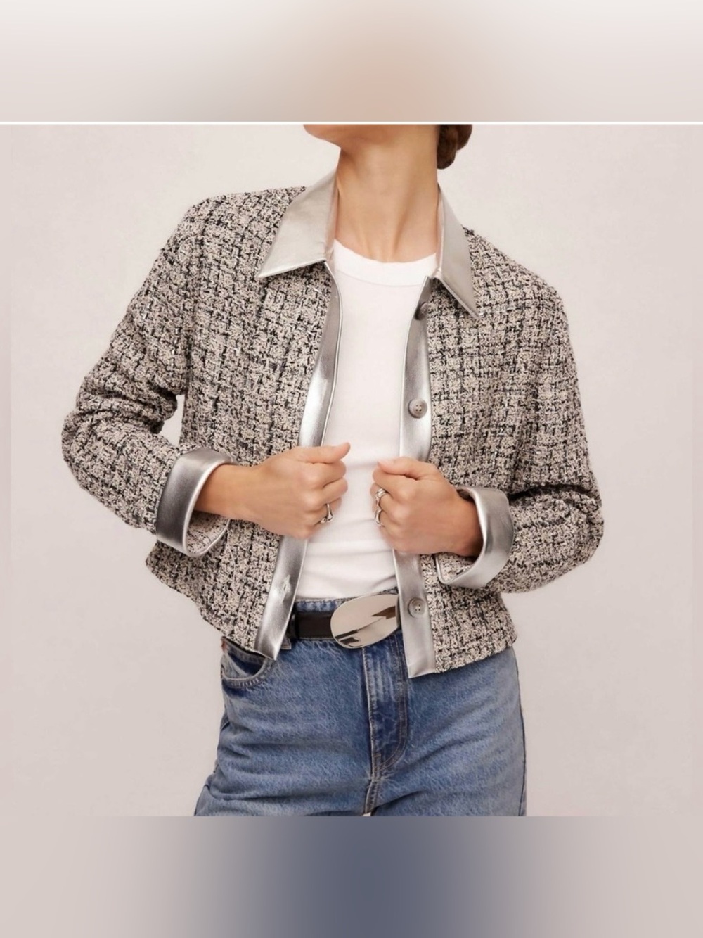 NWT Fifteen Twenty Cher Boucle Silver & Black Cropped
Tweed Blazer, XS